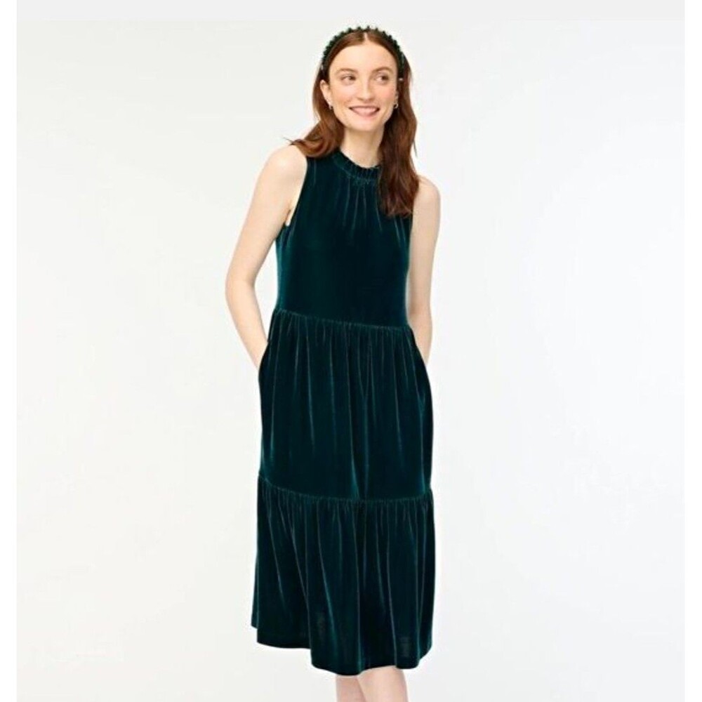 J.CREW Green Velvet A-Line Midi Dress Sleeveless Ruffle High Neck Pockets 8